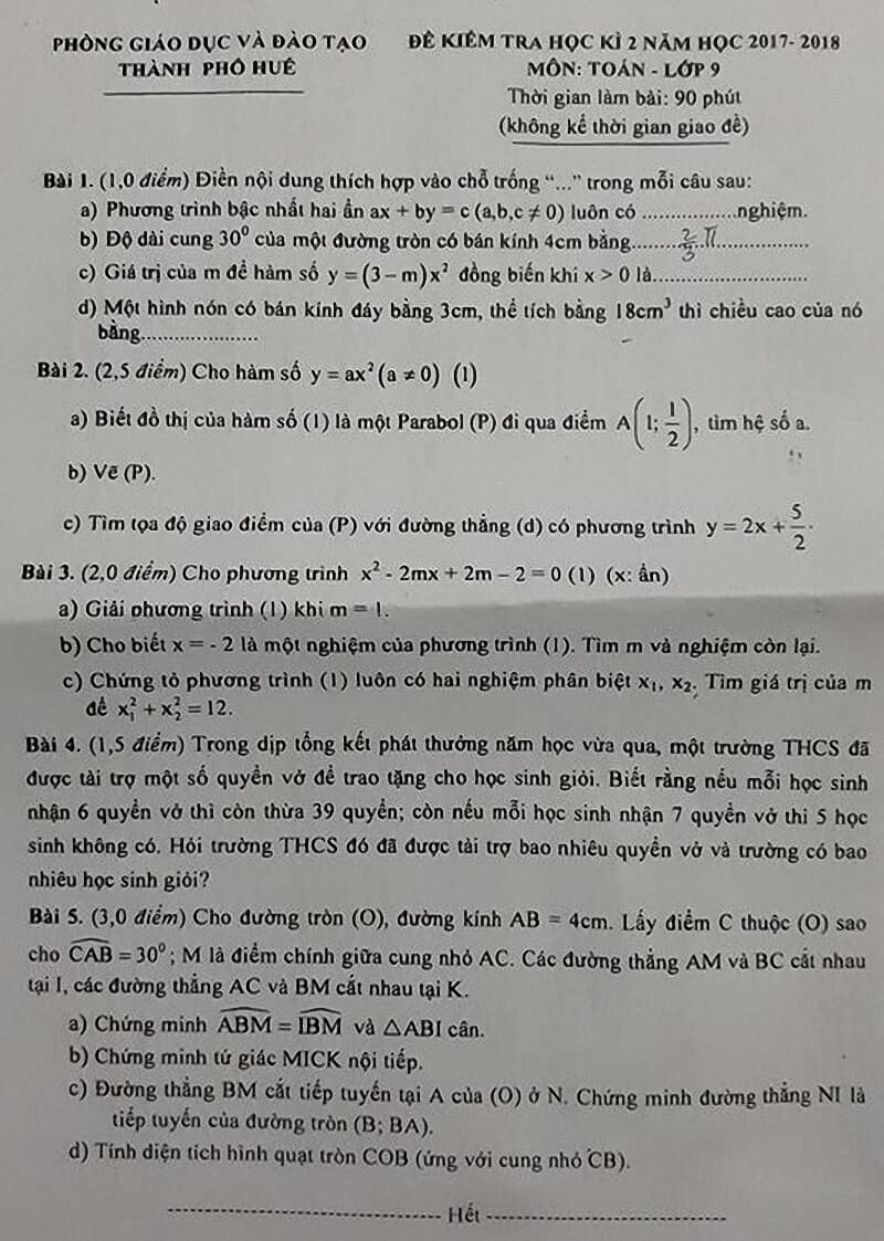 Đề kiểm tra HK2 môn Toán 9 thành phố Huế 2017-2018