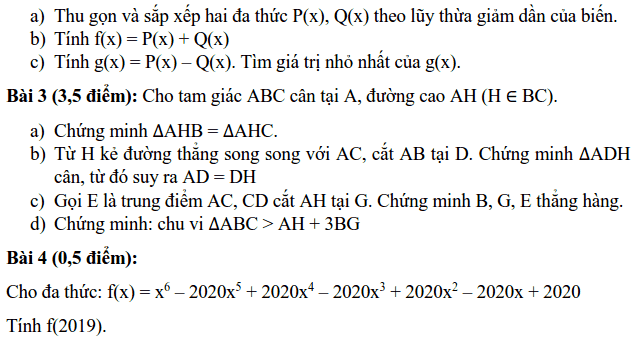 Đề thi HK2 môn Toán 7 huyện Thanh Trì năm 2018-2019 có lời giải