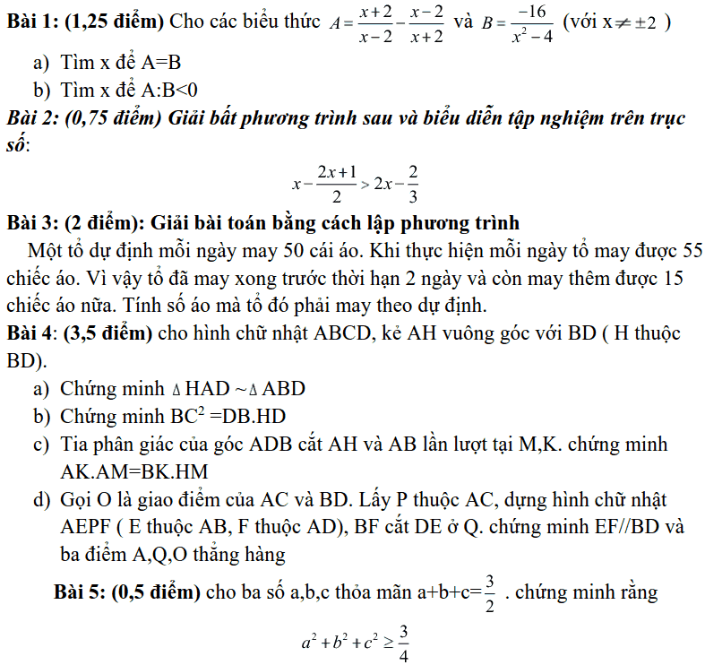 Đề thi HK2 môn Toán 8 huyện Thanh Trì năm 2018-2019 có lời giải