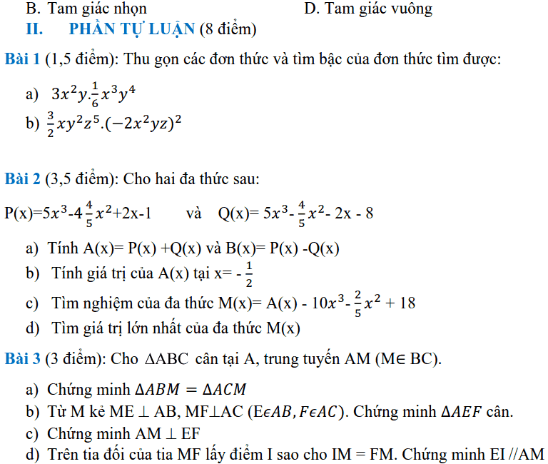 Đề thi HK2 môn Toán 7 huyện Hoài Đức năm 2018-2019