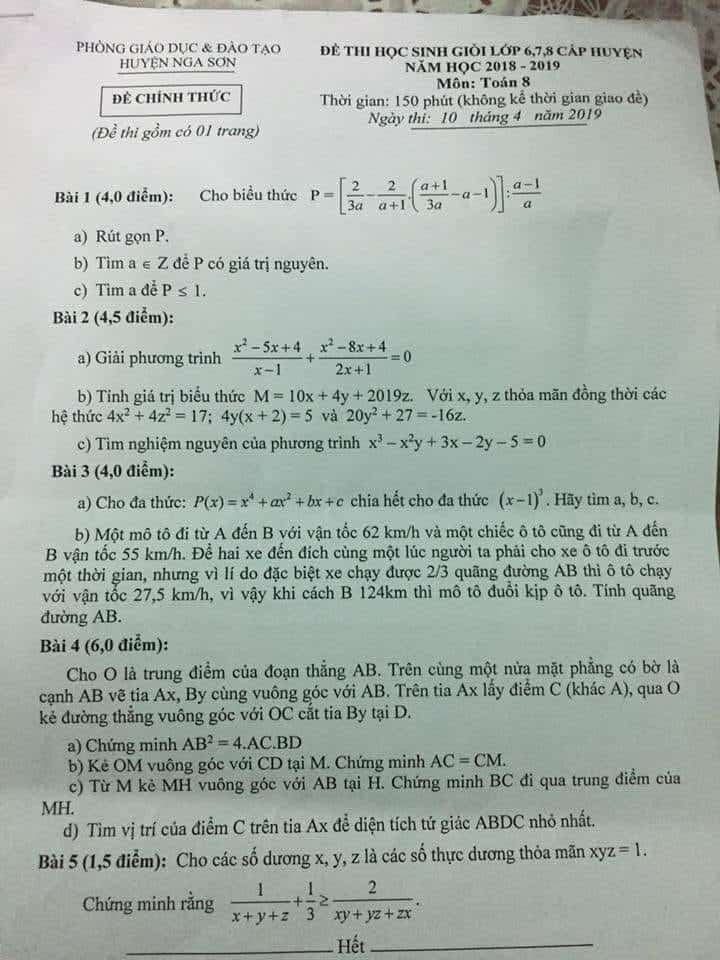Đề thi HSG môn Toán 8 huyện Nga Sơn năm 2018-2019