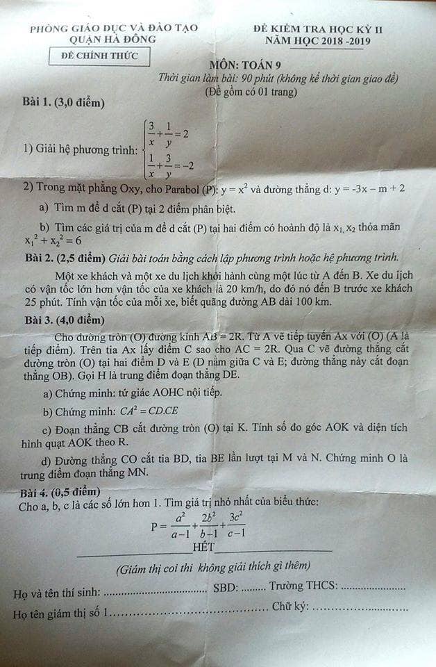 Đề thi HK2 môn Toán 9 quận Hà Đông năm 2018-2019