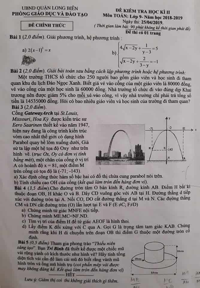 Đề thi HK2 môn Toán 9 quận Long Biên năm 2018-2019 có đáp án