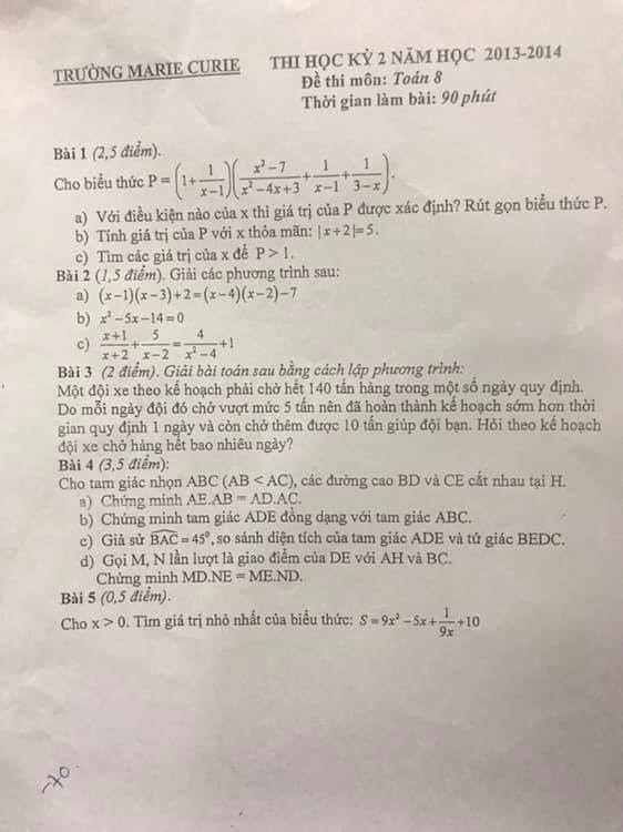 Đề thi HK2 môn Toán 8 trường MARIE CURIE các năm từ 2013-2018