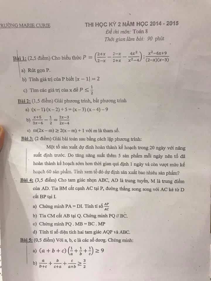 Đề thi HK2 môn Toán 8 trường MARIE CURIE các năm từ 2013-2018