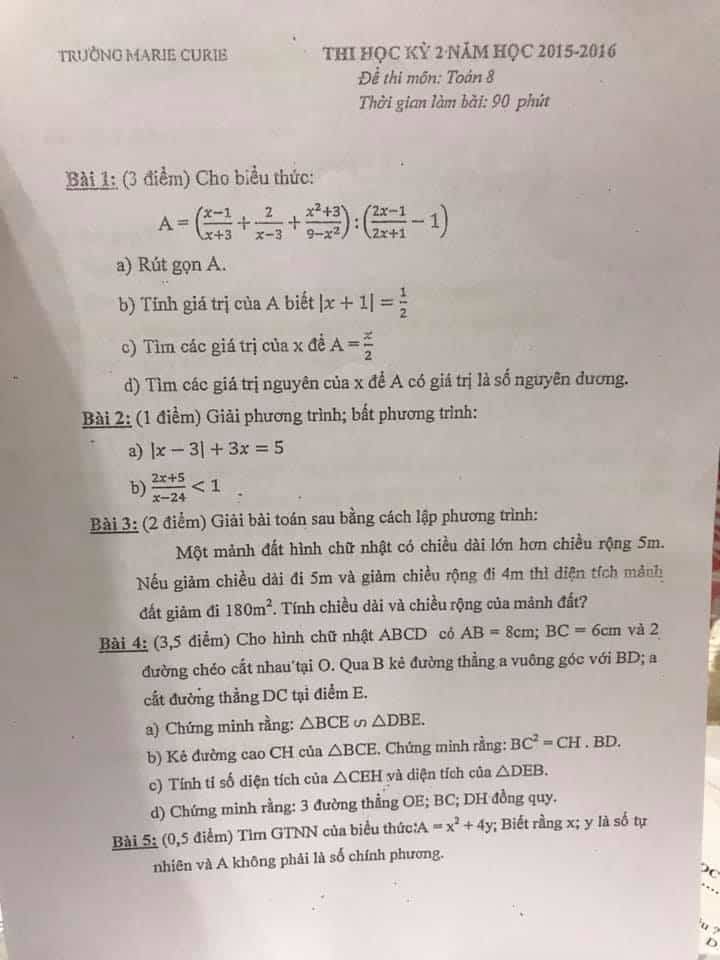 Đề thi HK2 môn Toán 8 trường MARIE CURIE các năm từ 2013-2018