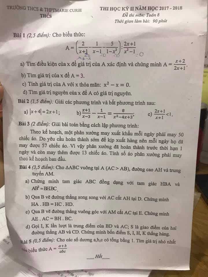 Đề thi HK2 môn Toán 8 trường MARIE CURIE các năm từ 2013-2018