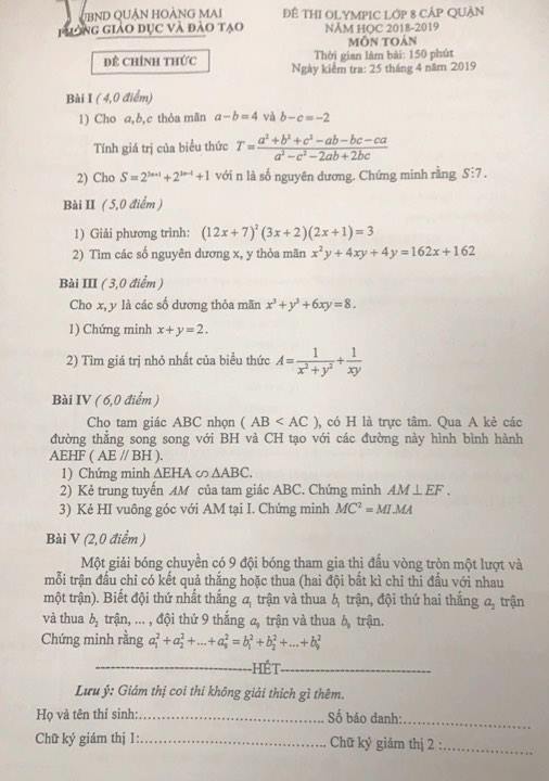 Đề thi HSG Toán 8 quận Hoàng Mai 2018-2019