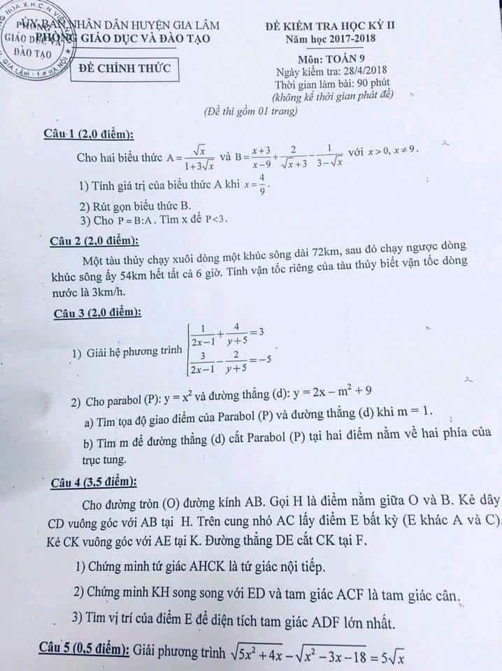 Đề thi HK2 môn Toán 9 huyện Gia Lâm năm 2018-2019