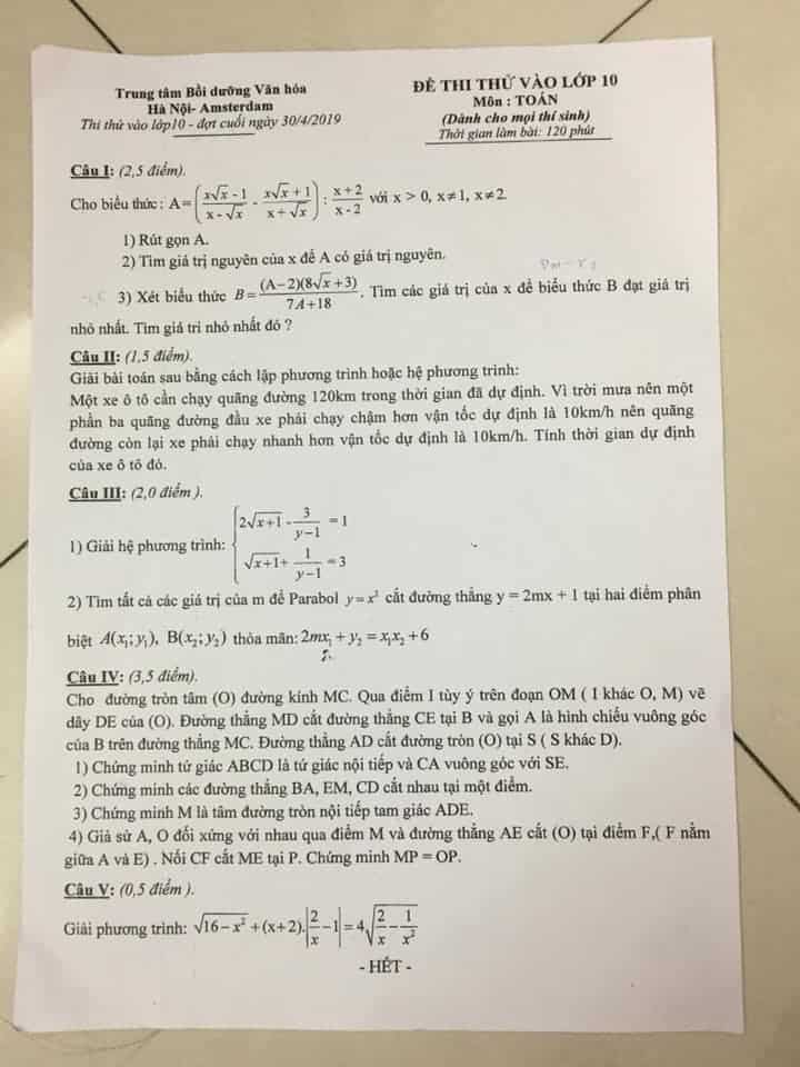 Đề thi thử vào 10 môn Toán TT bồi dưỡng văn hóa Hà Nội – Amsterdam 30/4/2019