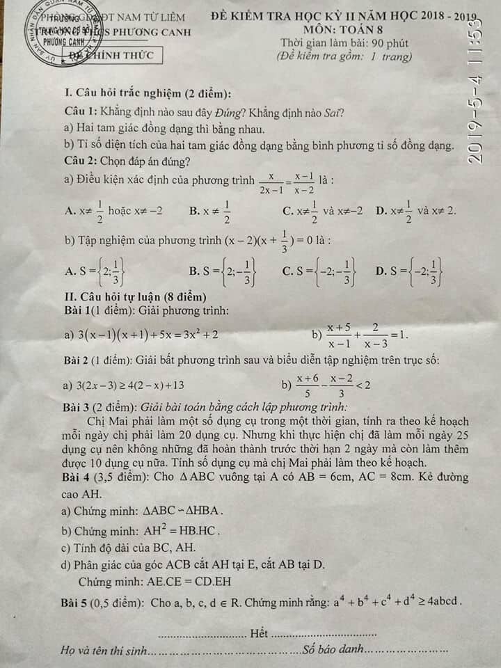 Đề thi HK2 môn Toán 8 THCS Phương Canh năm 2018-2019