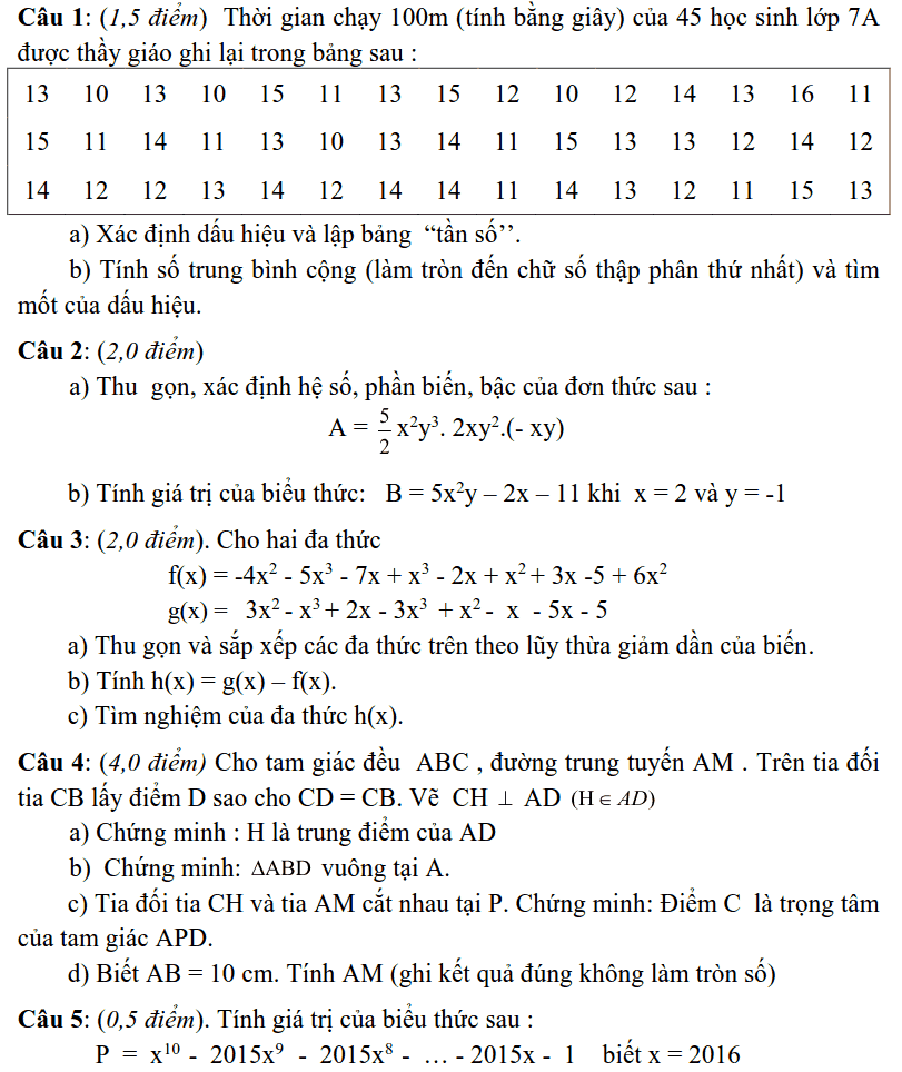 Đề thi HK2 môn Toán 7 TP Uông Bí năm 2015-2016 có lời giải