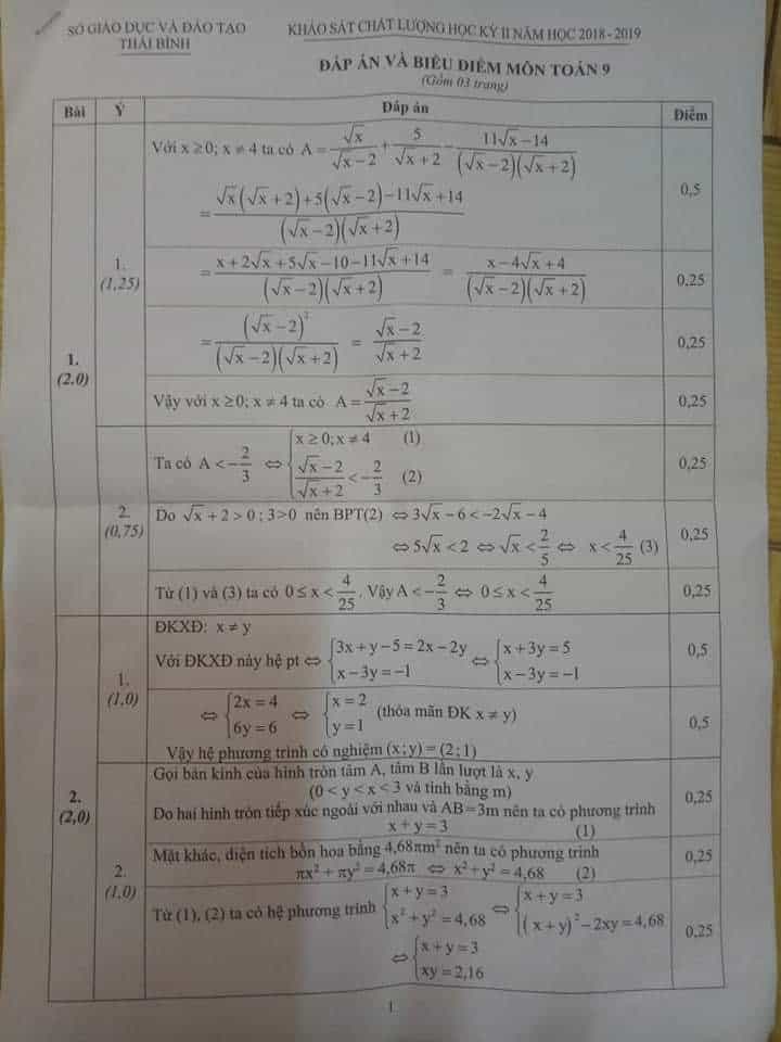 Đề thi HK2 môn Toán 9 tỉnh Thái Bình năm 2018-2019 có đáp án