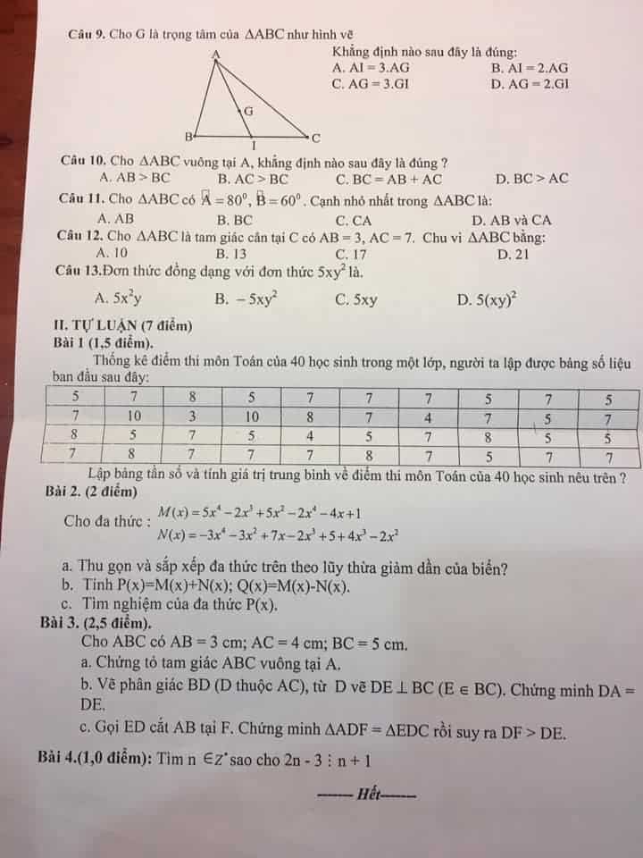 Đề thi HK2 môn Toán 7 THCS Trần Hưng Đạo, Hải Phòng 2018-2019