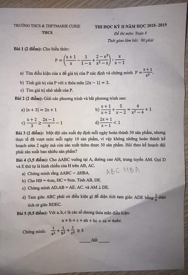 Đề thi HK2 môn Toán 8 trường THCS MARIE CURIE 2018-2019