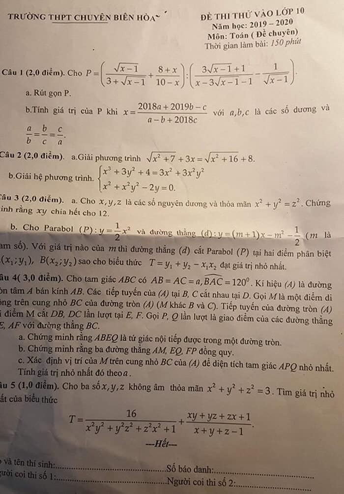 Đề thi thử vào 10 môn Toán THPT chuyên Biên Hòa 2019-2020