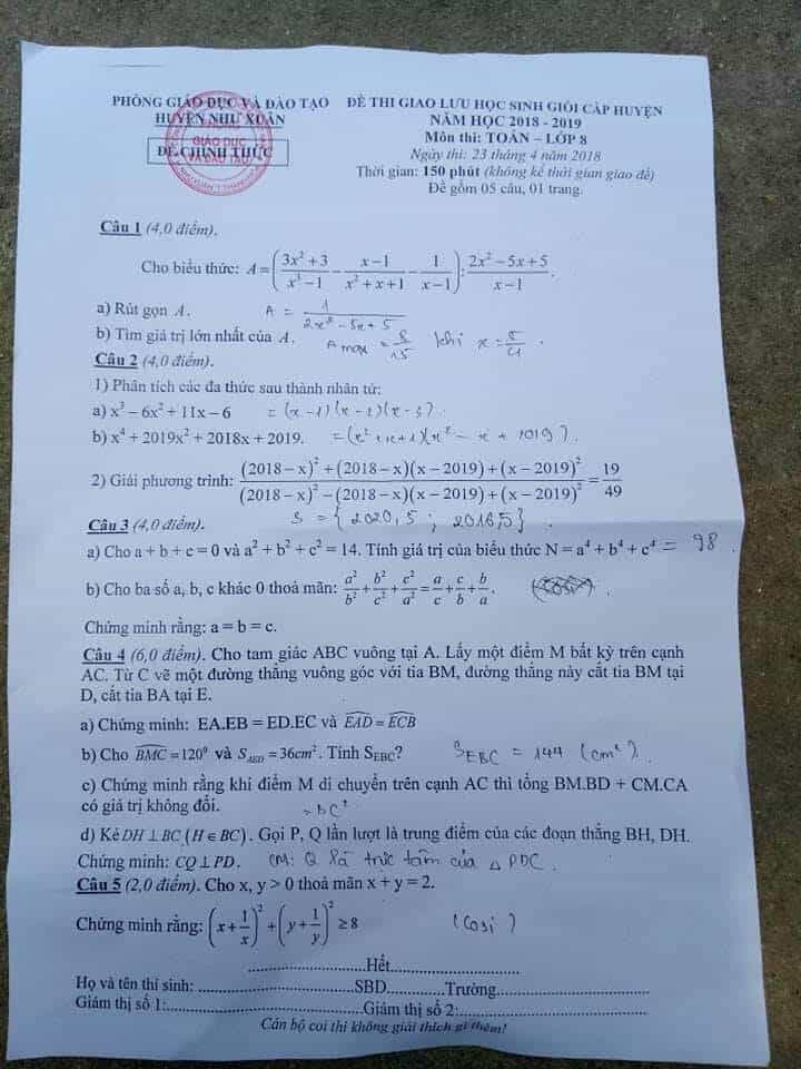 Đề thi HSG môn Toán 8 huyện Như Xuân 2018-2019