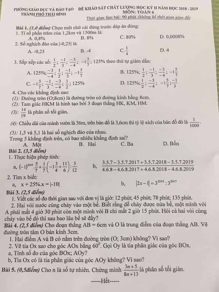Đề KSCL học kỳ 2 môn Toán 6 TP Thái Bình 2018-2019