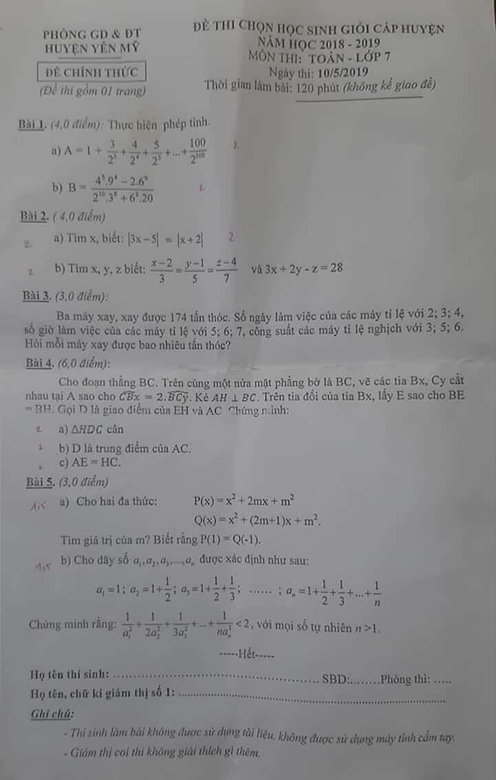 Đề thi HSG môn Toán 7 huyện Yên Mỹ 2018-2019