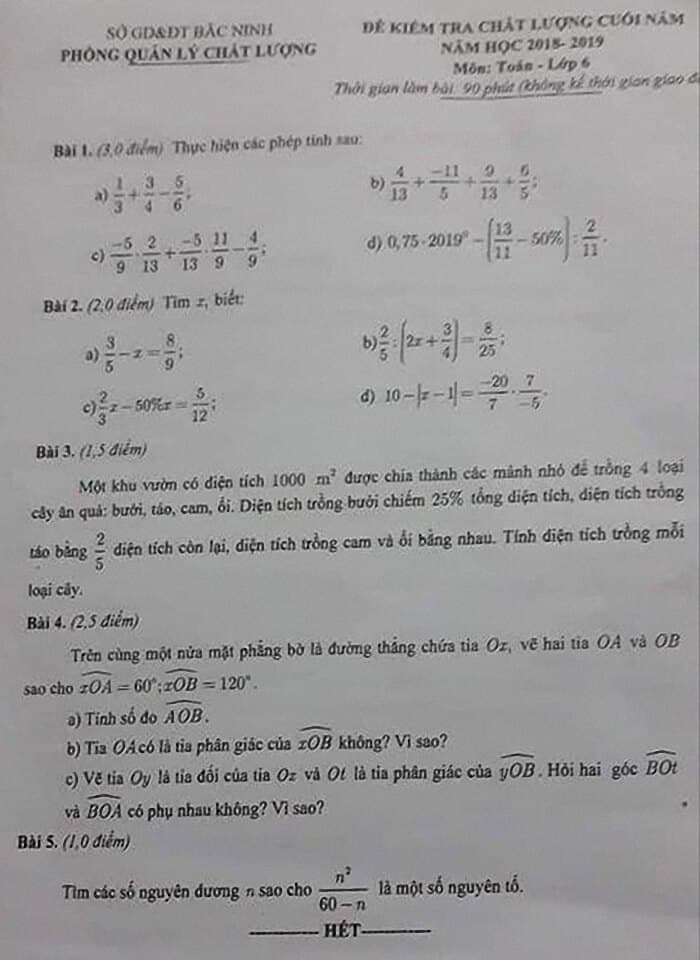 Đề kiểm tra chất lượng cuối năm môn Toán 6 tỉnh Bắc Ninh 2018-2019