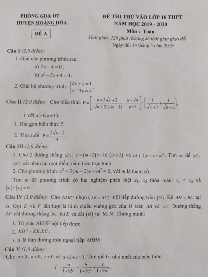 Đề thi thử vào 10 môn Toán huyện Hoằng Hóa 2019-2020