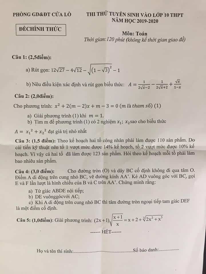 Đề thi thử vào 10 môn Toán thị xã Cửa Lò 2019-2020