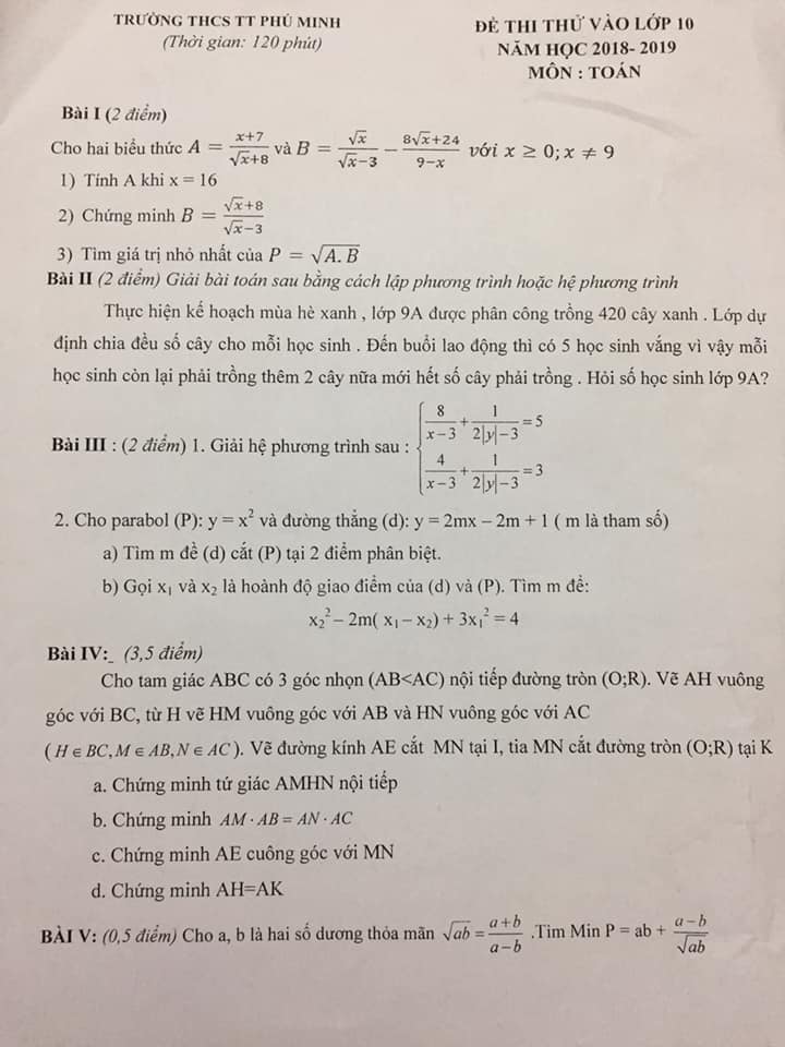 Đề thi thử vào 10 môn Toán THCS Phú Minh 2018-2019