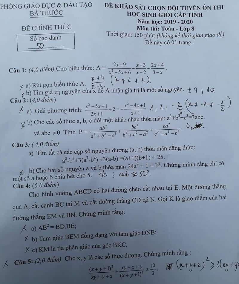 Đề thi chọn HSG Toán 8 huyện Bá Thước 2019-2020