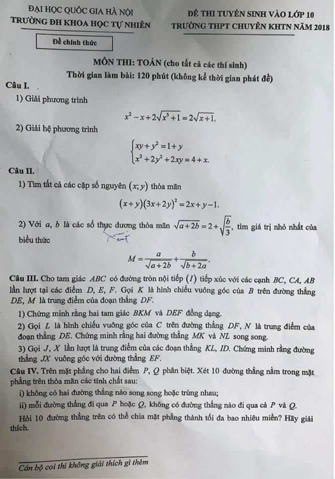 Đề thi môn Toán vào 10 chung THPT chuyên KHTN năm 2018