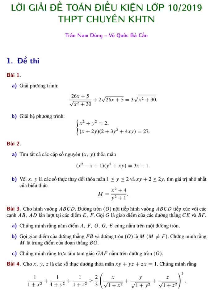 Đề thi Toán vòng 1 vào 10 trường THPT chuyên KHTN năm 2019 có lời giải