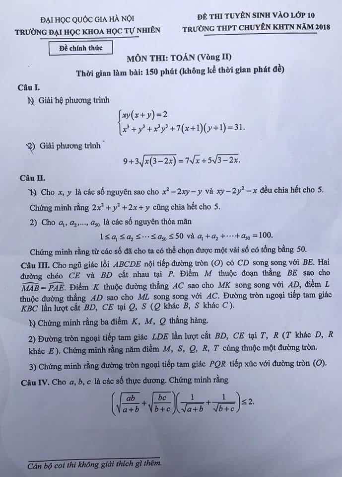 Đề thi Toán vòng 2 vào 10 trường THPT chuyên KHTN năm 2018