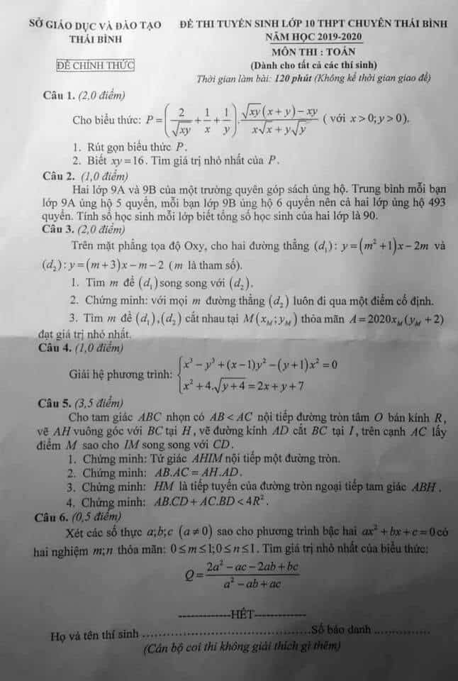 Đề thi môn Toán vào lớp 10 THPT chuyên Thái Bình năm 2019-2020