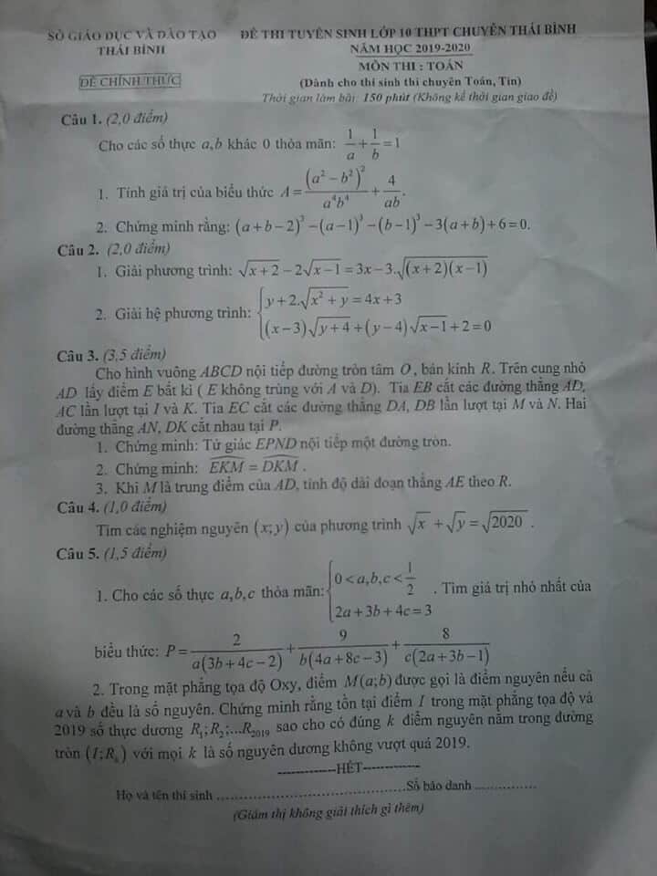 Đề thi môn Toán vào lớp 10 THPT chuyên Thái Bình năm 2019-2020