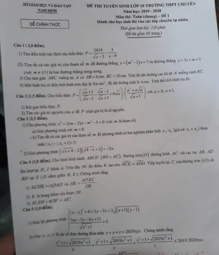 Đề thi môn Toán vào lớp 10 THPT chuyên Nam Định năm 2019-2020