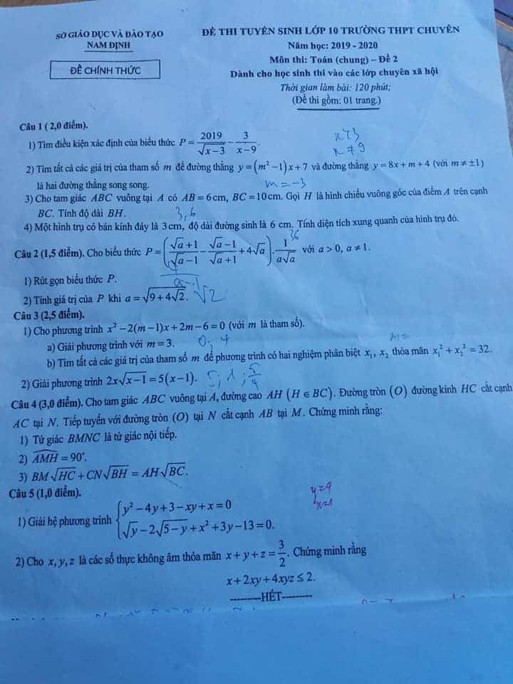 Đề thi môn Toán vào lớp 10 THPT chuyên Nam Định năm 2019-2020