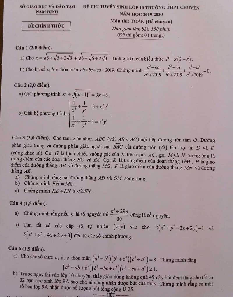 Đề thi môn Toán vào lớp 10 THPT chuyên Nam Định năm 2019-2020