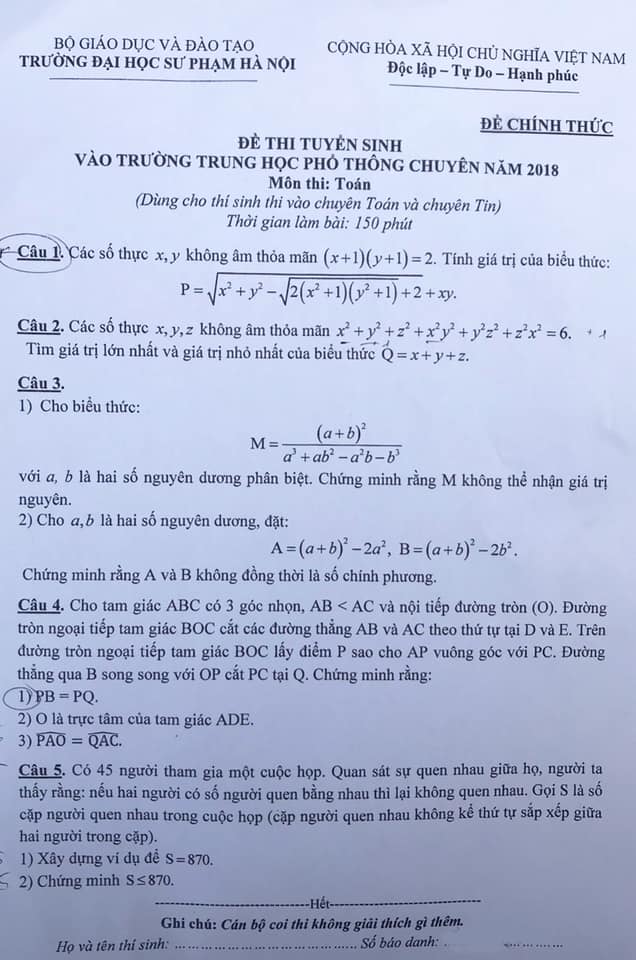 Đề thi vào 10 chuyên Toán THPT chuyên ĐH sư phạm Hà Nội năm 2018