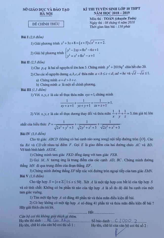 Đề thi vào 10 chuyên Toán TP Hà Nội năm 2018-2019
