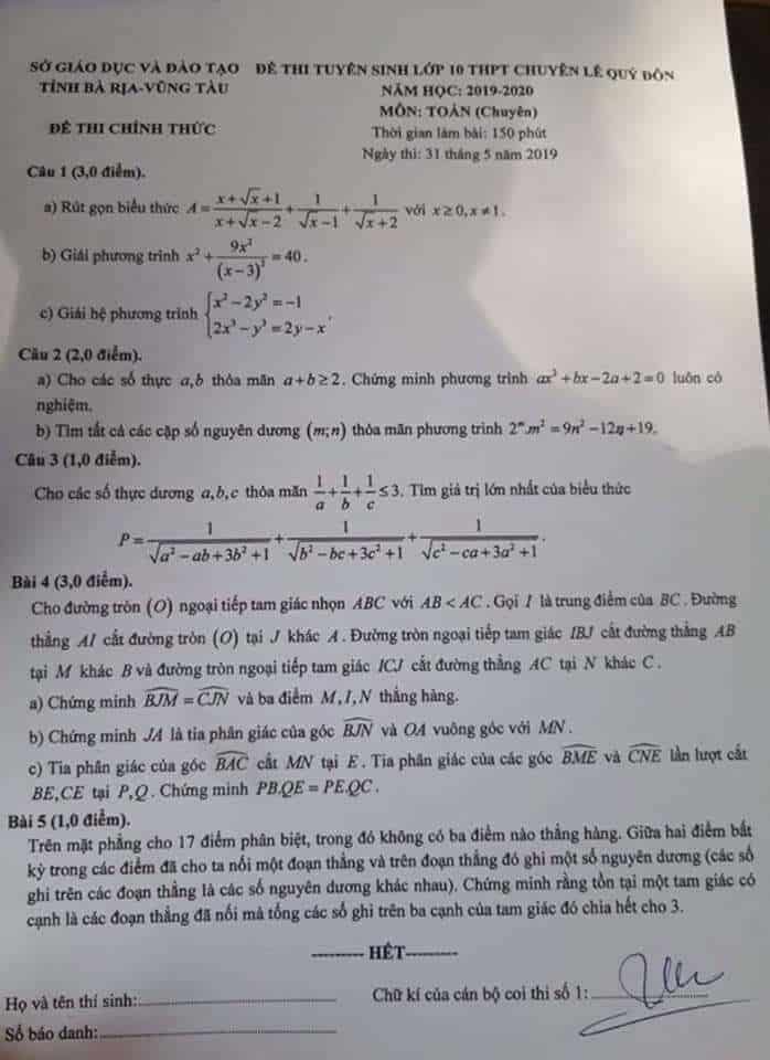 Đề thi môn Toán vào lớp 10 THPT chuyên Lê Quý Đôn-BRVT 2019-2020