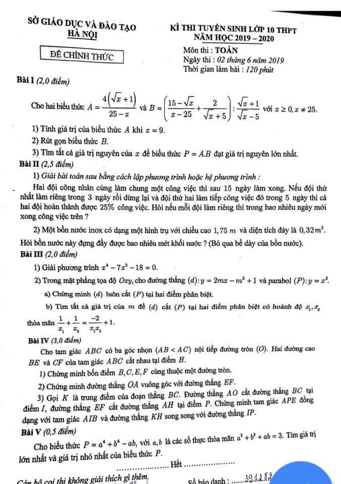 Đề thi môn Toán vào lớp 10 THPT thành phố Hà Nội năm 2019-2020