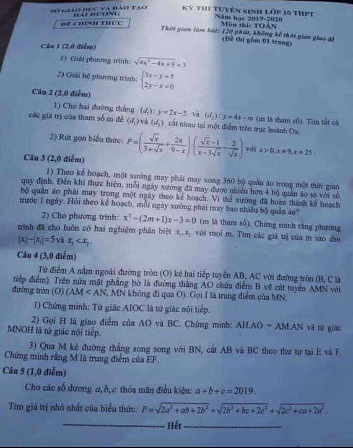 Đề thi môn Toán vào lớp 10 THPT tỉnh Hải Dương năm 2019-2020