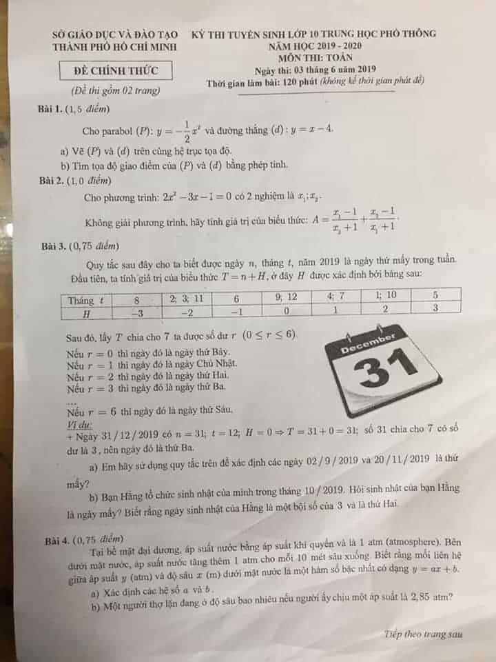 Đề thi môn Toán vào lớp 10 THPT thành phố Hồ Chí Minh năm 2019-2020