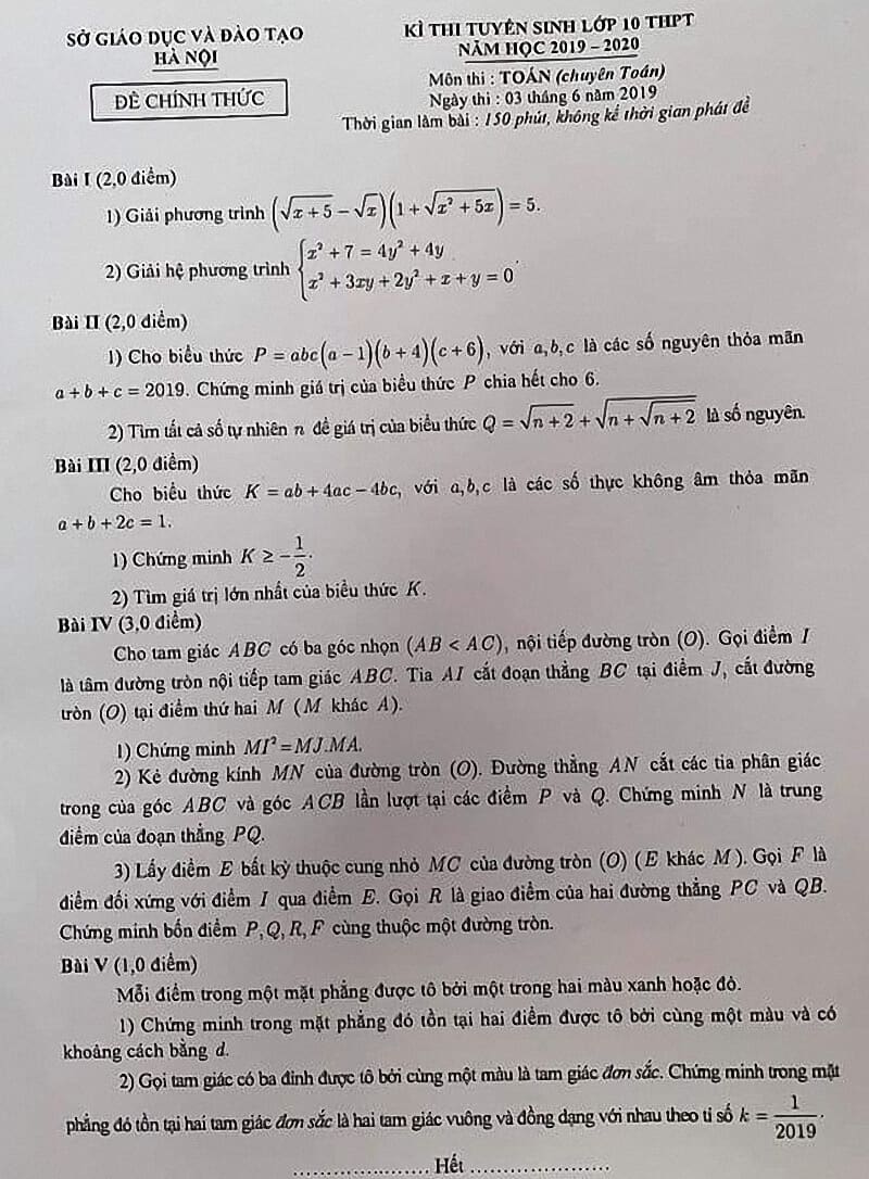 Đề thi vào lớp 10 chuyên Toán THPT thành phố Hà Nội năm 2019-2020