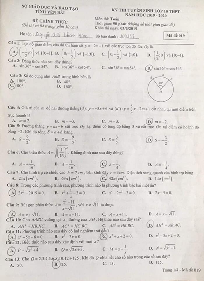 Đề thi môn Toán vào lớp 10 THPT tỉnh Yên Bái năm 2019-2020