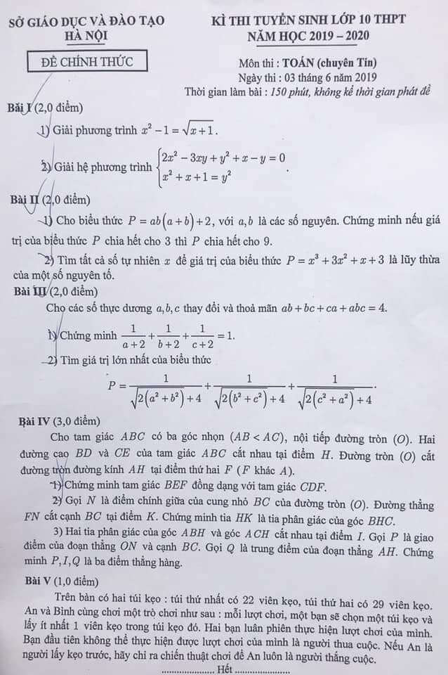 Đề thi vào lớp 10 chuyên Tin THPT thành phố Hà Nội năm 2019-2020