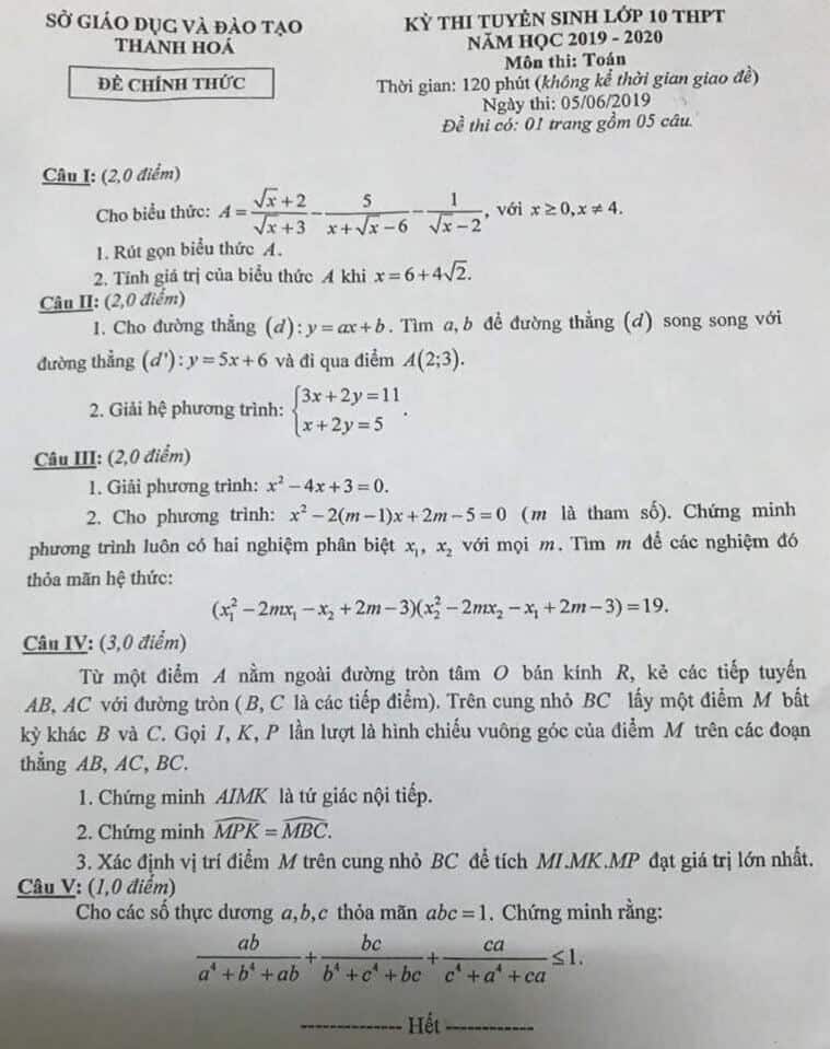 Đề thi môn Toán vào lớp 10 THPT tỉnh Thanh Hóa năm 2019-2020