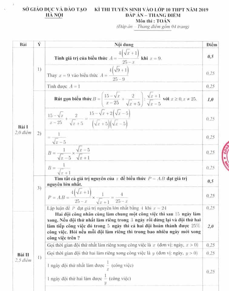 Đáp án đề thi vào 10 môn Toán TP Hà Nội 2019-2020
