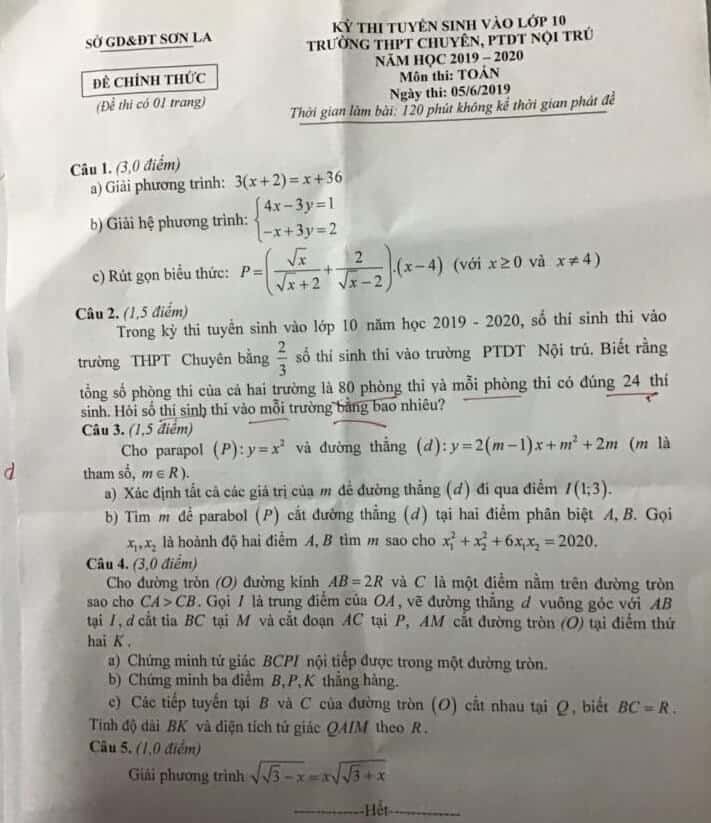 Đề thi môn Toán vào lớp 10 THPT tỉnh Sơn La năm 2019-2020