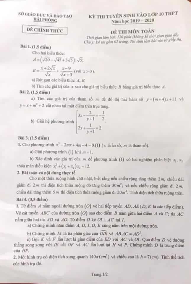 Đề thi môn Toán vào lớp 10 THPT thành phố Hải Phòng năm 2019-2020