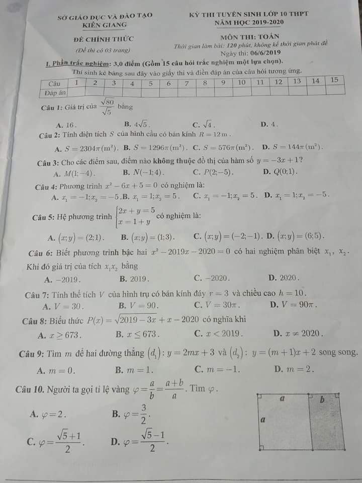 Đề thi vào 10 môn Toán tỉnh Kiên Giang năm 2019-2020